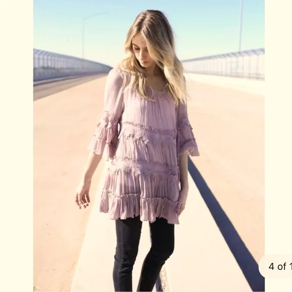 Jodifl Boho Lace Trim Muted Mauve Tunic / Mini Dress New - Picture 2 of 9